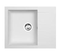 Luquicina LD65WH Fregadero Cocina 1 Seno con Escurridor 62x50x18,8cm Blanco | Compacto, reversible, Composite BIO, empotrable, kit de desagüe: válvula inox 90 mm, sifón compacto y rebosadero