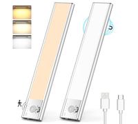 Lureshine Luz de Armario, 76 LEDs Luz led con Sensor de Movimiento USB Recargable Luz LED Adhesiva, Brillo Regulable con 3 Colores Luces led Cocina Bajo Mueble Para Escalera, Pasillo, Garaje-2 Packs