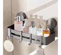 LURICO Estantería Baño Ventosas sin Taladrar, Estante de Ducha con 4 Ganchos, 32 cm de Largo, Bandeja de Ducha con Ventosa con Soporte de Champú Extraíble e Inoxidable