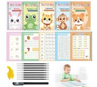 LURNODY 5 Piezas Libros Mágicos de Caligrafía para Niños, Cuaderno de Ejercicios Preescolar Mágico, Juego de Caligrafía Infantil, Ejercicio Preescolar, Bolígrafos, Recargas de Tinta Mágica,Correctores