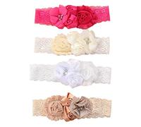 Lurrose 4 Unids Rosa Flor Encaje Cintas Para el Cabello Cinta Suave Turbante Bautizo Cabeza Wrap con Perlas para bebé infantil (Color aleatorio)