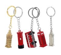 Lurrose 5 piezas Llavero Conjunto con Elementos Británicos Vintage Colgantes de Autobús Rojo Cabina Telefónica y Reloj Icónico Accesorio Decorativo para Bolso y Mochila Aleación de Zinc