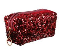 Lurrose Bolsa de Cosméticos Cuadrada de Lentejuelas Color Vino Tinto, Gran Capacidad, Portátil para Artículos de Tocador y Viaje, Bolso de Aseo Mujer Multifuncional Cremallera