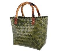 Lurrose Bolso de playa tejido: Bolso de mano tejido de plástico con asa de bambú - de playa de moda, imprescindible para vacaciones junto al mar, viajes y piscina.