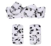 Lurrose Diadema para Lavar la Cara y Pulseras de Franela 3 Piezas Estampado de Leopardo Claro, Banda Suave para Maquillaje y Cuidado Facial para Mujer, Accesorio Cómodo para Limpieza