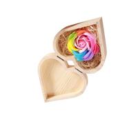 Lurrose Flor de Jabón Romántica en Caja de Madera Forma de Corazón Rosa, Decoración Elegante para Aniversario y Navidad