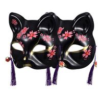 Lurrose Máscara de Gato de Plástico Negro Diseño de Flor de Cerezo y Borlas, 2 Piezas, Práctica y Elegante para Fiesta Temática de Animales o Halloween