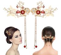 Lurrose Pinza para el pelo china con diseño de flores, decoración retro, 1 par de palillos chinos para el pelo japonés, pasador para el pelo con borla, decoración japonesa, pinza para el pelo con