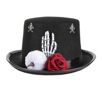 Lurrose Sombrero de copa gótico de Halloween: sombrero del Día de Muertos con rosa roja y mano de esqueleto, tocado punk negro con calabaza white decorativa para fiesta de disfraces.
