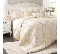 Lush Decor Avon - Juego de edredón de 3 Piezas, tamaño King, Color Marfil, Juego de Ropa de Cama romántico de Granja, Elegante Ropa de Cama con Volantes, edredón Texturizado Suave, decoración de