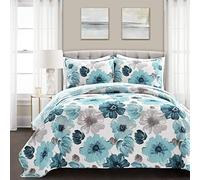 Lush Decor Blue Leah Quilt Floral - Juego de Cama Reversible (3 Piezas, tamaño King), diseño Floral