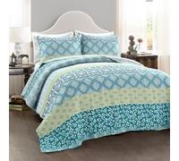 Lush Decor Bohemian Striped Quilt Reversible 3 Piece Bedding Set Full Queen Blue and Green
