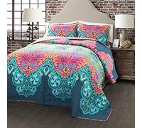 Lush Decor Boho Chic - Juego de edredón Reversible de algodón de 3 Piezas, tamaño King, Turquesa y Azul Marino, Estampado de Cachemira Brillante, Juego de Ropa de Cama Bohemio Vibrante y Colorido