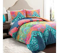 Lush Decor Boho Chic - Juego de Funda de edredón Reversible de algodón de 3 Piezas, tamaño King, Turquesa y Azul Marino