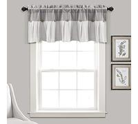 Lush Decor Cenefa rústica con botones de lino, 84 pulgadas de ancho x 18 pulgadas de largo, gris y blanco roto, cenefa rústica de cocina para ventanas, diseño plisado de bloque de color con detalle de