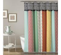 Lush Decor Cortina de Ducha con Parches Bohemios, diseño de Rayas Verticales con borlas, 72 x 72 Pulgadas, Multicolor