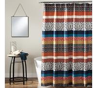Lush Decor Cortina de Ducha de Tela a Rayas Bohemias para baño, diseño geométrico y Floral, 183 x 183 cm, Turquesa y Mandarina