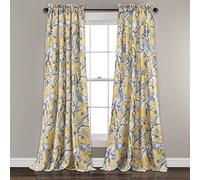 Lush Decor Dolores - Paneles de ventana filtrantes de luz, par, 52 pulgadas de ancho x 108 pulgadas de largo, color amarillo, cortinas Toile - Estampado floral de pájaros - Cortinas de campo milenario