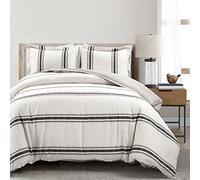 Lush Decor Farmhouse Stripe - Juego de edredón Reversible de algodón de 3 Piezas, Color Negro, matrimonial/Queen