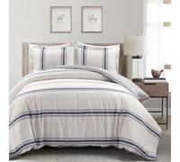 Lush Decor Farmhouse Stripe - Juego de Funda de edredón Reversible de algodón de 3 Piezas, Azul Marino, tamaño King