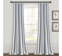 Lush Decor Juego de Cortinas de algodón teñido a Rayas Estilo casa de Campo, 42 Pulgadas de Ancho x 84 Pulgadas de Largo, Azul Marino, Encanto rústico Moderno clásico, Tela de algodón ecológica