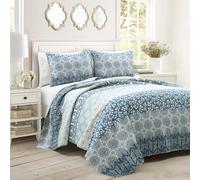 Lush Decor Juego de edredón Reversible de algodón de 3 Piezas, diseño de Rayas Bohemias, Color Azul Marino y Azul, matrimonial/Queen