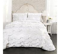 Lush Decor Kemmy Quilt Juego de Ropa de Cama de 3 Piezas con Textura con Volantes, tamaño matrimonial, Poliéster, Blanco, Full/Queen