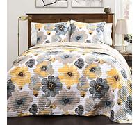 Lush Decor Leah Quilt Floral Piece Reversible Colcha 3 Piezas, Amarillo y Gris, Full/Queen