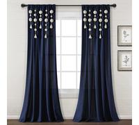 Lush Decor Panel de Cortina de Lino con borlas y Pompones Boho (Panel Individual), 84 Pulgadas de Largo x 52 Pulgadas de Ancho, Azul Marino