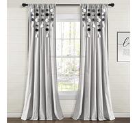 Lush Decor Panel de Cortina de Lino con borlas y Pompones (Panel Individual), 95 Pulgadas de Largo x 52 Pulgadas de Ancho, Gris y Negro