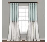 Lush Decor Panel de cortina de lino con botones para ventana, individual, 40 pulgadas de ancho x 108 pulgadas de largo, color azul y blanco, cortinas de campo, decoración rústica, cortinas modernas de