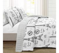 Lush Decor Paris Bonjour - Juego de edredón Reversible de algodón, 3 Piezas, Color Blanco y Negro, tamaño King