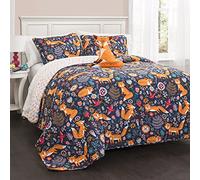 Lush Decor Pixie Fox - Juego de edredón Reversible, Juego de 3 Piezas, Individual, Azul Marino y Naranja, Juegos de Cama Individual para niñas, edredón caprichoso para niños y niños pequeños,