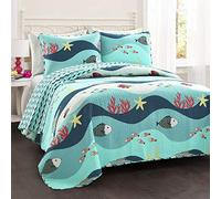 Lush Decor Sealife Fish Ocean Wave-Juego de Cama Reversible de 2 Piezas, Color Azul, Algodón, Twin