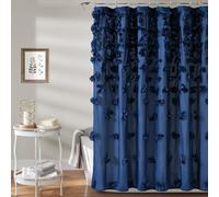 Lush Decor Riley Cortina de Ducha, 183 cm de Ancho x 183 cm de Largo, Azul Marino, Cortina de Ducha de Lujo con Lazos, Textura Encantadora, Hermoso y Elegante Accesorio de baño Femenino, romántica,