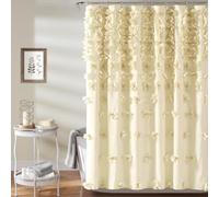 Lush Decor Riley - Cortina de ducha, 183 cm de ancho x 183 cm de largo, color crema de mantequilla, cortina de ducha de lujo con lazos, textura bonita, hermoso y elegante, accesorio de baño femenino -