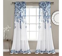 Lush Decor Tanisha Cortinas - Juego de Paneles Transparentes para Ventana, Estampado Floral de Vid, Hermosa, Moderna, Elegante decoración del hogar, 38 Pulgadas de Ancho x 84 Pulgadas de Largo, Azul