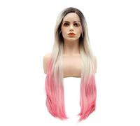LUSHY BEAUTY Peluca de cabello sintético con encaje frontal, lacio, súper larga, de 28 pulgadas, raíz oscura, rubio claro, rosa, degradado, resistente al calor, peluca realista
