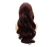 LUSHY BEAUTY Peluca de cabello sintético con encaje frontal, ondulado, largo, 61 cm, color caoba, resistente al calor, peluca realista