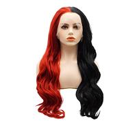 LUSHY BEAUTY Peluca de pelo sintético con encaje frontal, ondulada, larga, 61 cm, mitad negra, mitad roja, mezcla de alta densidad, resistente al calor, peluca realista