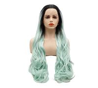 LUSHY BEAUTY Peluca de pelo sintético con encaje frontal, ondulada, larga, 66 cm, raíz oscura, azul claro, degradado, alta densidad, resistente al calor, peluca realista