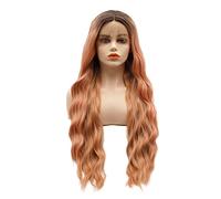 LUSHY BEAUTY Peluca de pelo sintético con encaje frontal, ondulada, larga, 66 cm, raíz oscura, oro rosa, degradado, densidad pesada, resistente al calor, peluca realista