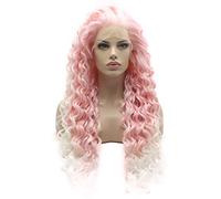 Lushy Elegante peluca larga rizada con raíces rosadas y blancas degradadas, de alta densidad, resistente al calor, peluca sintética con encaje frontal