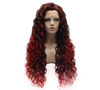 Lushy Elegante peluca larga rizada de raíz caoba roja degradada, resistente al calor, peluca sintética con encaje frontal