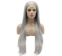 Lushy Peluca de encaje frontal sintética lacia, larga, de 66 cm, color gris, atada a mano
