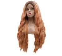 Lushy Peluca de pelo sintético con encaje frontal, larga, 28 pulgadas, ondulada, raíz oscura, oro rosa, degradado, peluca realista de alta densidad