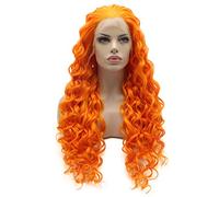 Lushy Peluca larga rizada de color naranja, de alta densidad, atada a mano, resistente al calor, peluca sintética con encaje frontal