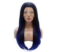 Lushy Peluca recta larga de seda de raíz oscura azul degradado media mano Tied Heat Friendly Heavy Density Sintético Encaje Frontal