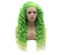 Lushy Peluca rizada larga de color verde claro degradado, de alta densidad, resistente al calor, con encaje frontal sintético
