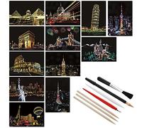 Lusofie 12 Hojas Papel Arcoíris para Rascar Almohadillas para Dibujar Manualidades Almohadillas para Rascar de Escena Nocturna para Adultos y Niños Kit de Artes y Manualidades con 6 Herramientas